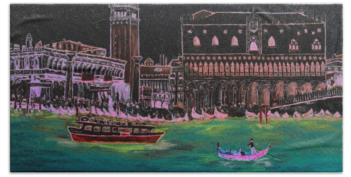 Loredana Messina Bath Towel featuring the painting Venice at night by Loredana Messina