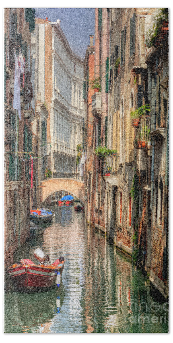 Venice Bath Sheet featuring the photograph Venice Italy A romantic narrow canal and bridge by Michal Bednarek
