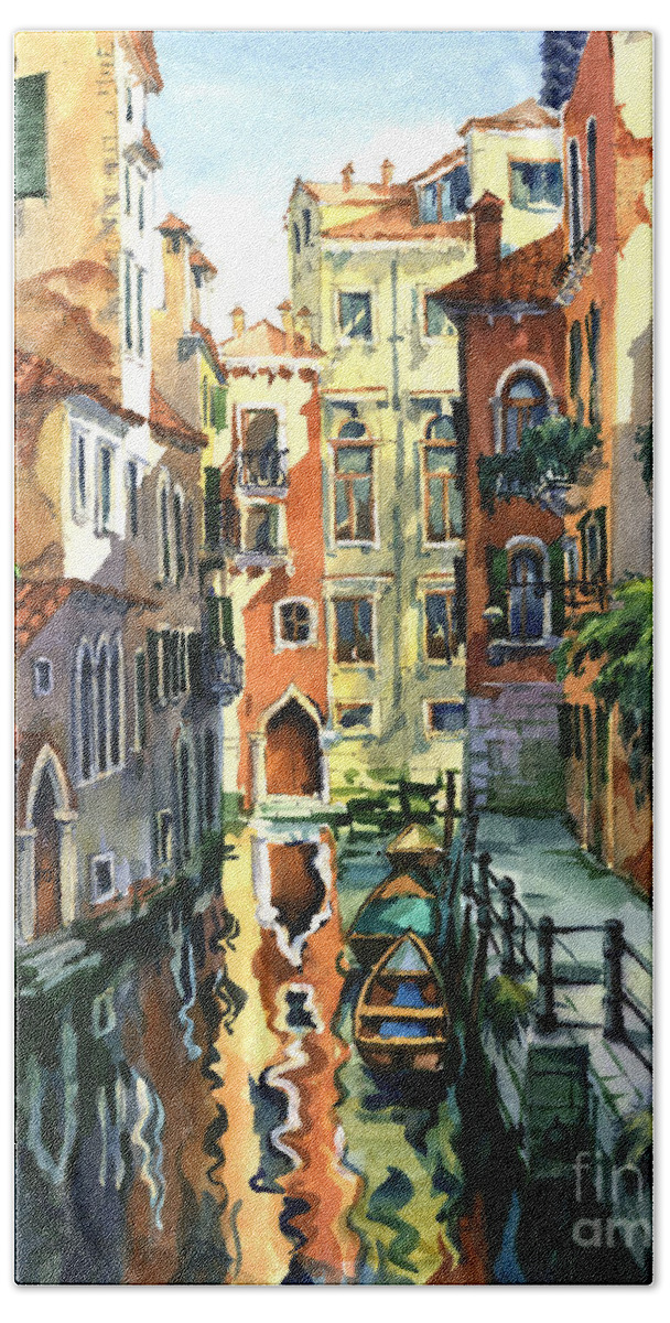 Venice Bath Towel featuring the painting Venice Sunny Alley by Maria Rabinky
