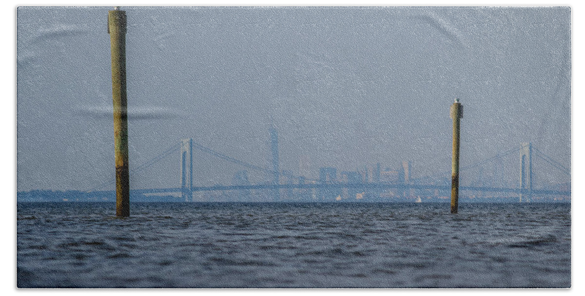 Bayshore Waterfront Bath Towel featuring the photograph Verrazano-Narrows bridge and NYC skyline from Port Monmouth by SAURAVphoto Online Store