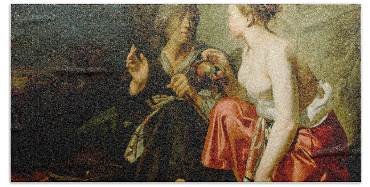 Attributed To Caesar Van Everdingen Bath Towel featuring the painting Vertumnus and Pomona by Attributed to Caesar van Everdingen