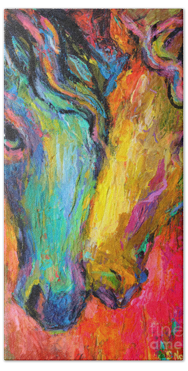 Impressionistic Horse Painting Bath Towel featuring the painting Vibrant Impressionistic Horses painting by Svetlana Novikova