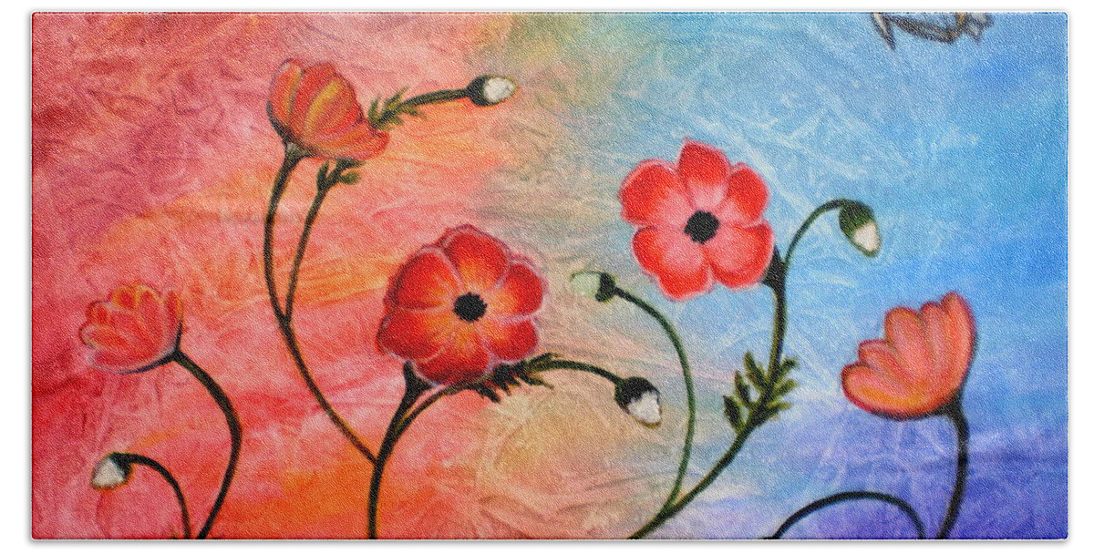 Poppies Hand Towel featuring the painting Vibrant Poppies by Manjiri Kanvinde