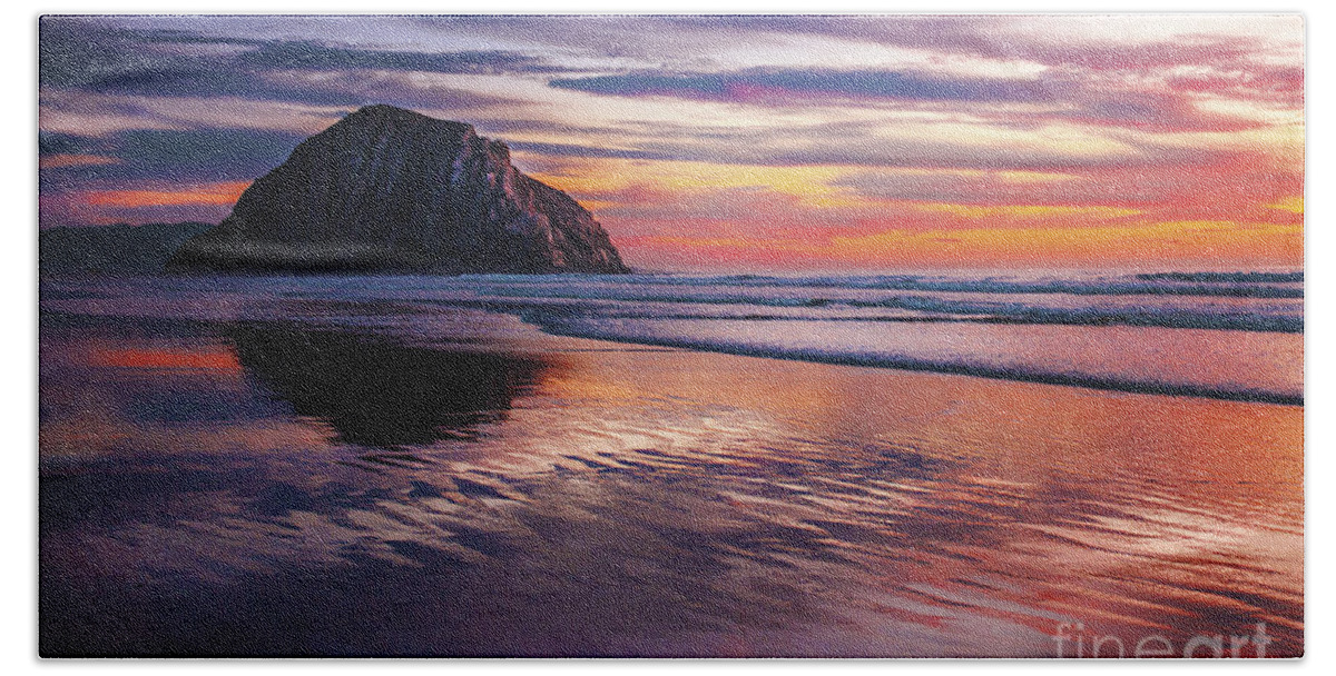 Vibrant Reflections Of Sunset On Morro Bay Beach Sand Fine Art Photography Print Hand Towel featuring the photograph Vibrant Reflections Of Sunset on Morro Bay Beach Sand by Jerry Cowart