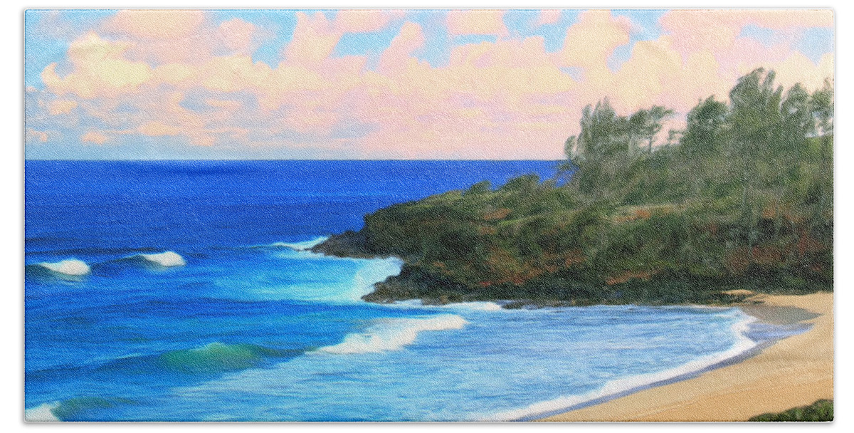 Hawaii Hand Towel featuring the painting View of Donkey Beach Kauai by Dominic Piperata