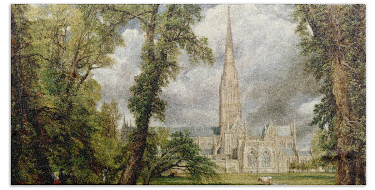 View Of Salisbury Cathedral From The Bishops Grounds Hand Towel featuring the painting View of Salisbury Cathedral from the Bishop's Grounds by John Constable
