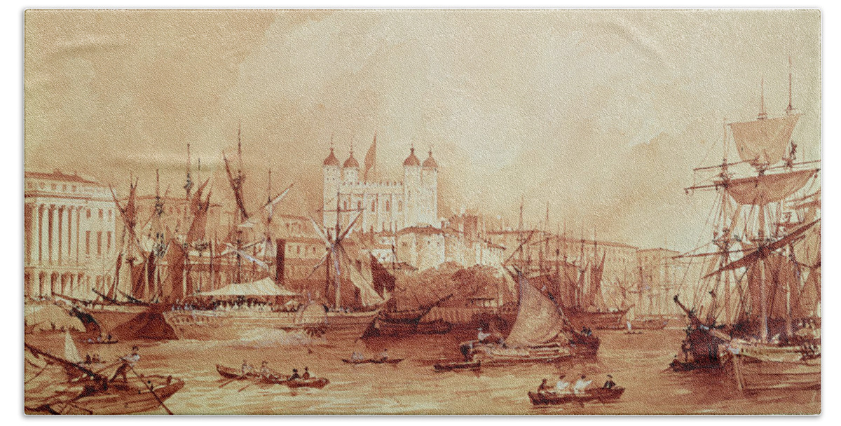 Garrison Hand Towel featuring the drawing View Of The Tower Of London by William Parrott
