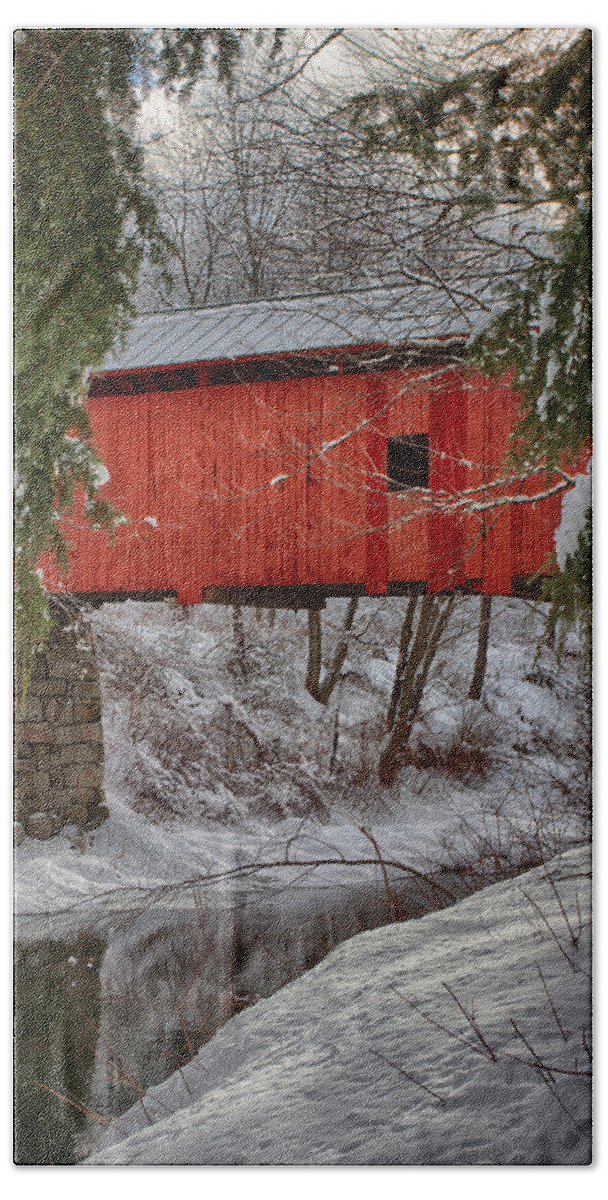 Covered Bridge Bath Towel featuring the photograph View through the boughs of Vermont covered bridge by Jeff Folger