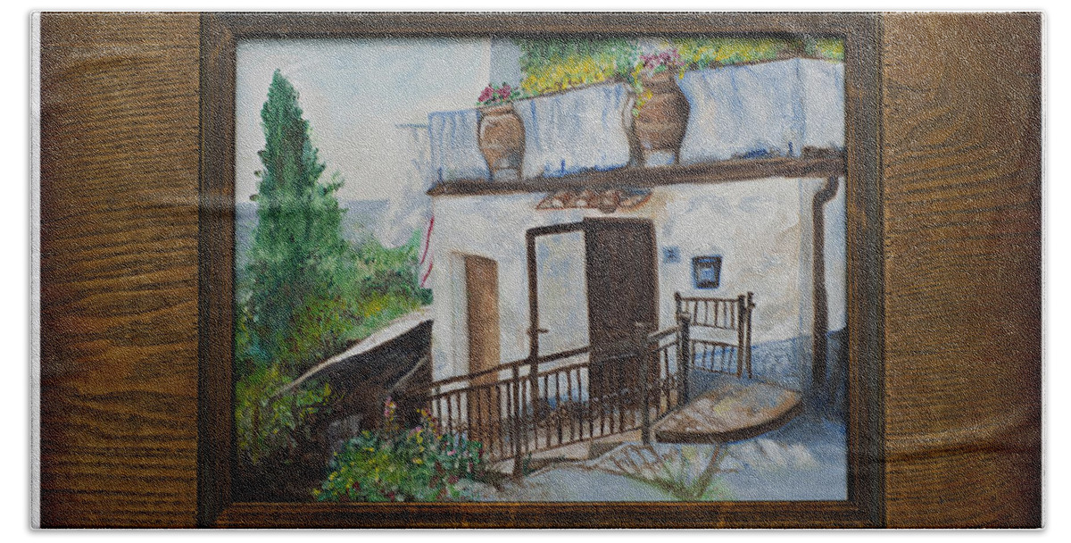Tuscan Terrain Hand Towel featuring the mixed media Villa in Tuscany by Kathy Knopp