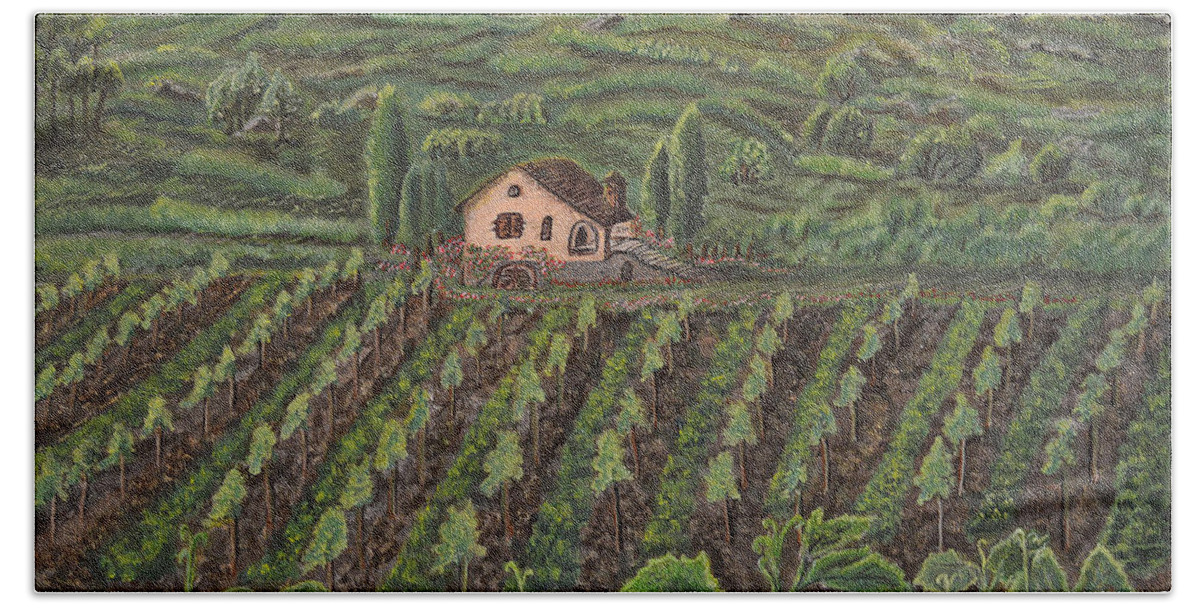 Spire-like Lombardy Cypress Trees Hand Towel featuring the painting Vineyard in Neuchatel by Felicia Tica