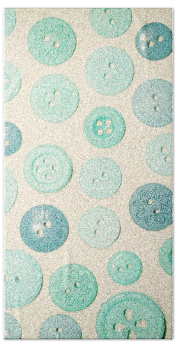 Buttons Hand Towel featuring the photograph Vintage Blues Button Love by Sharon Johnstone