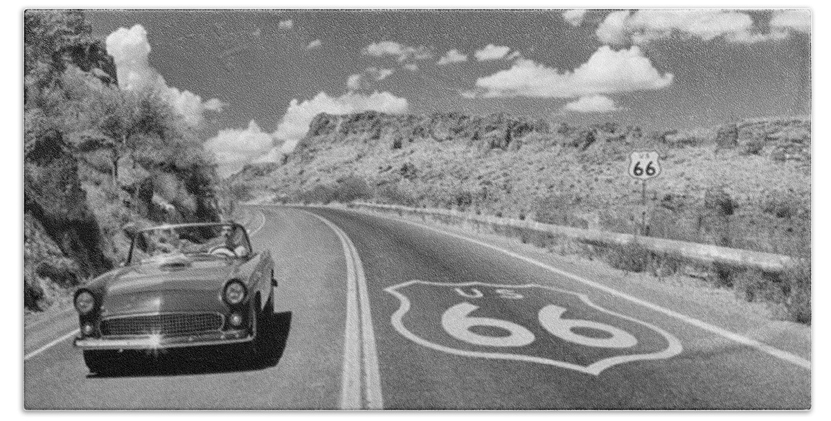 Photography Bath Towel featuring the photograph Vintage Car Moving On The Road, Route by Panoramic Images