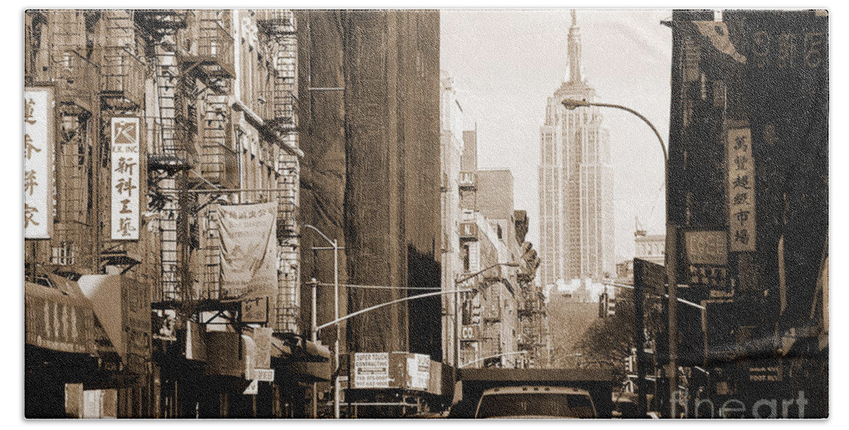Chinatown Hand Towel featuring the photograph Vintage Chinatown and Empire State by RicardMN Photography