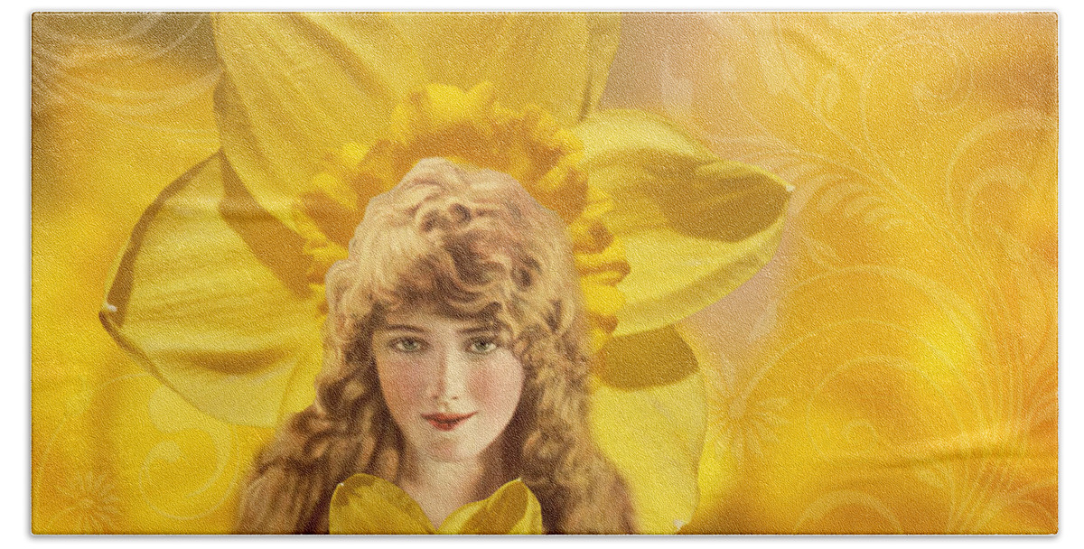Vintage Collage Bath Towel featuring the photograph Vintage Collage - Woman and Daffodils by Peggy Collins