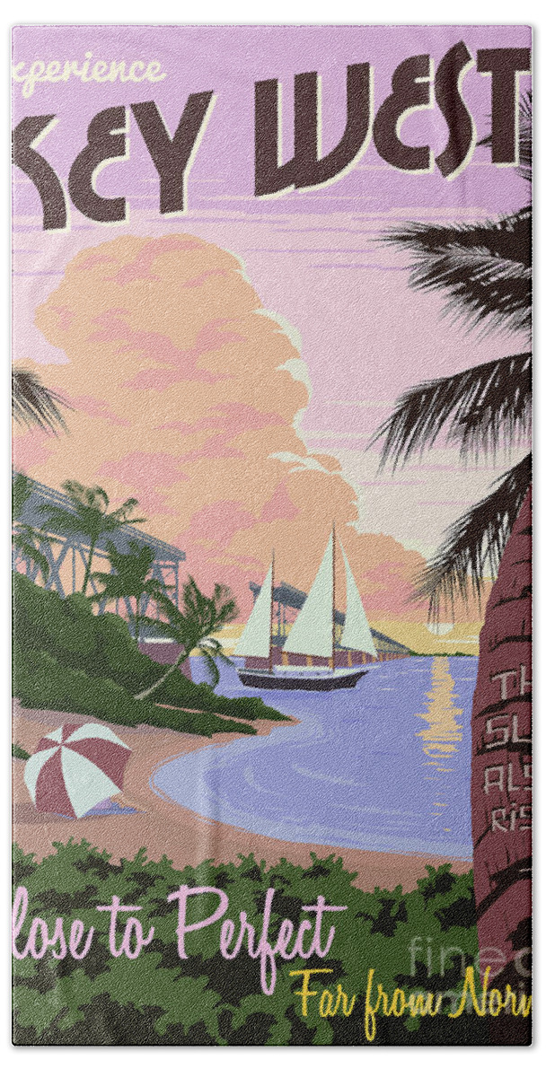Vintage Key West Travel Poster Hand Towel featuring the drawing Vintage Key West Travel Poster by Jon Neidert