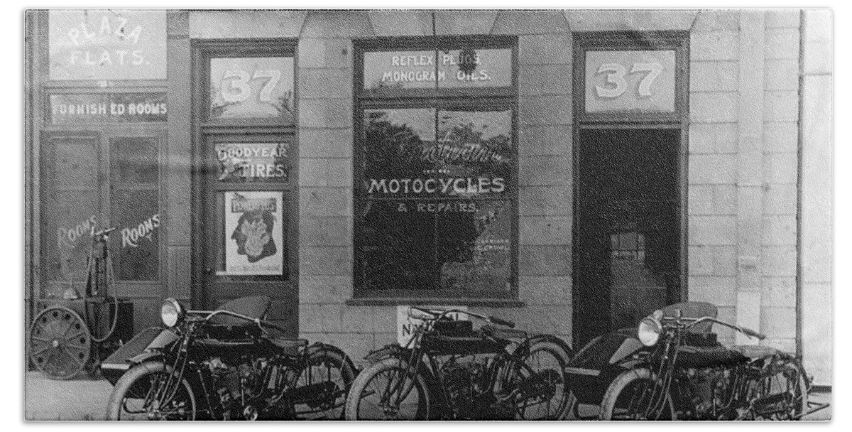 Vintage Motorcycle Dealership Bath Sheet featuring the photograph Vintage Motorcycle Dealership by Jon Neidert