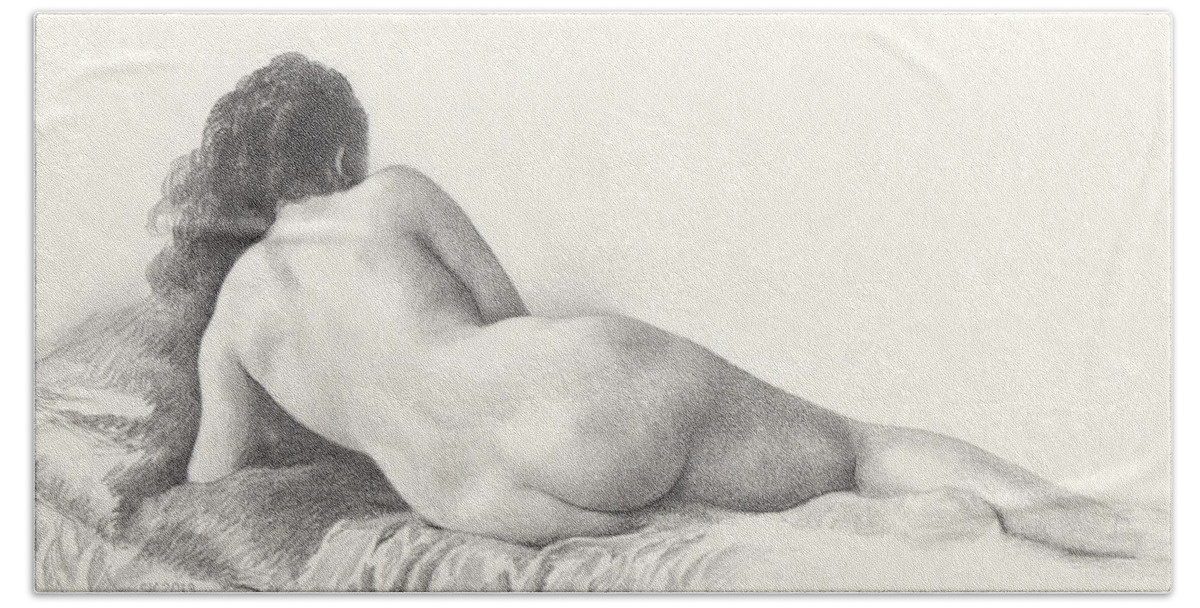 Nude Bath Towel featuring the drawing Voluptuous Reclining Nude Luxuriating on Victorian Settee after Eakins by Scott Kirkman