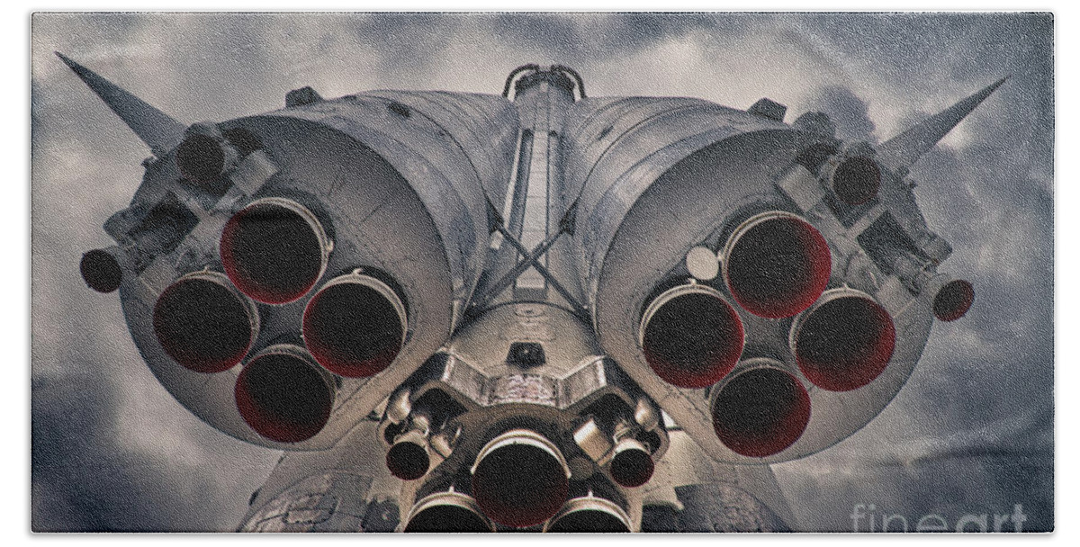 Afterburner Hand Towel featuring the photograph Vostok rocket engine by Stelios Kleanthous