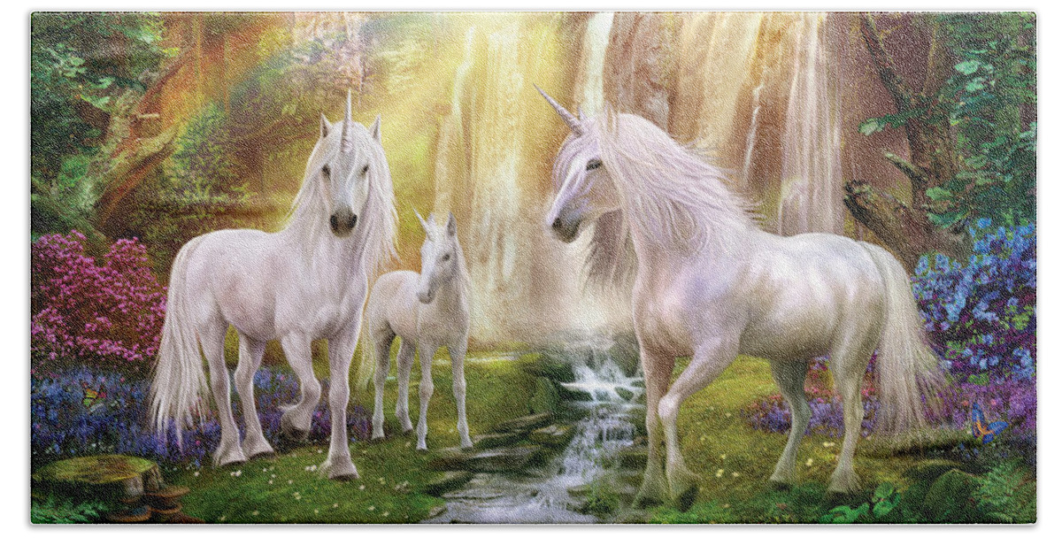 Unicorn Bath Towel featuring the photograph Waaterfall Glade Unicorns by MGL Meiklejohn Graphics Licensing
