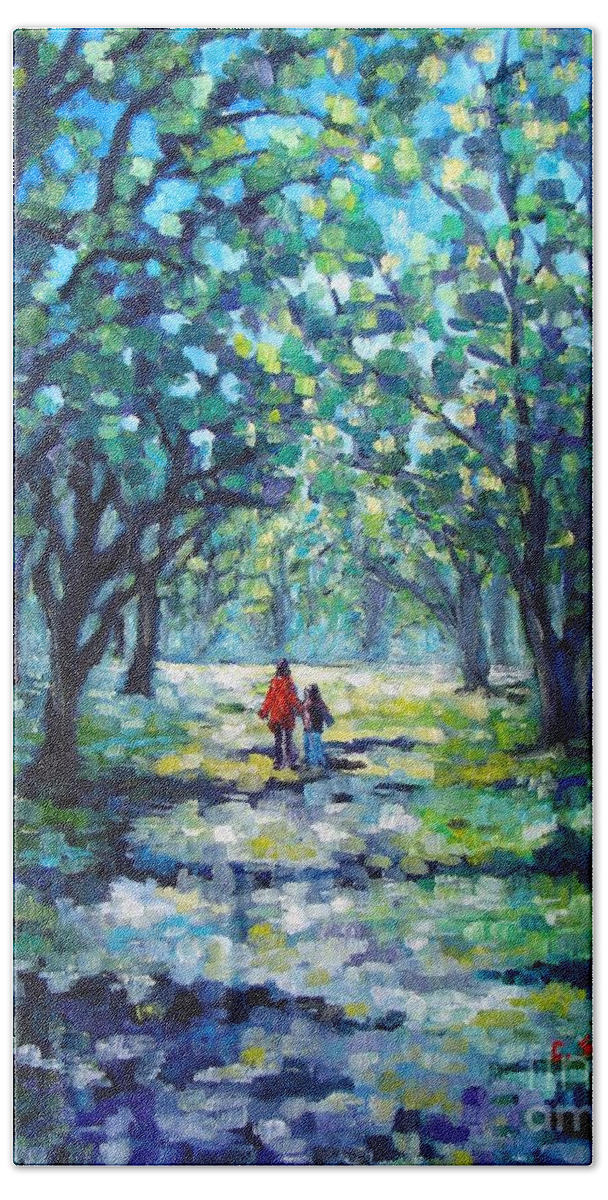 Painting Bath Towel featuring the painting Walking in the Park by Cristina Stefan