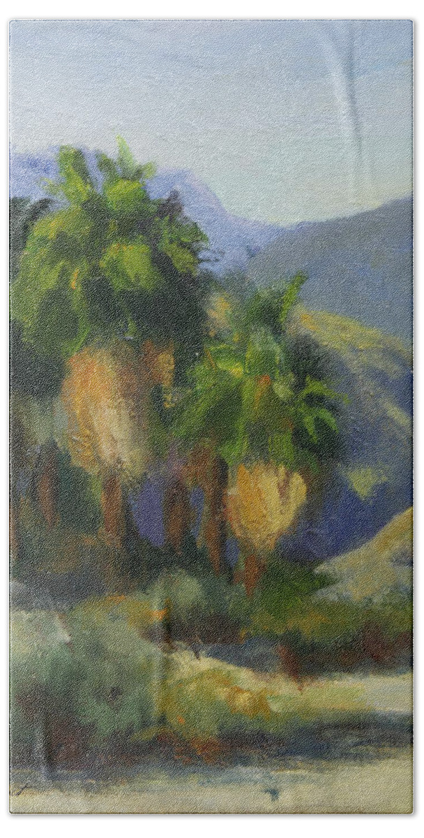 Desert Scene Bath Towel featuring the painting California Palms in the Preserve by Maria Hunt