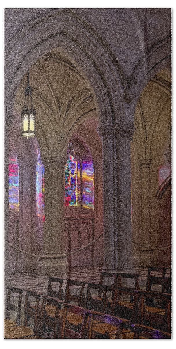 Washington Cathedral Bath Towel featuring the photograph Washington National Cathedral Stained Glass Colors by Susan Candelario