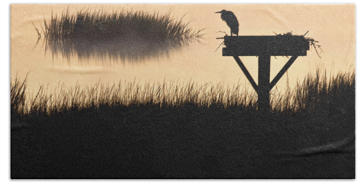 Heron Bath Towel featuring the photograph Watchtower Heron Sunrise Sunset Image Art by Jo Ann Tomaselli