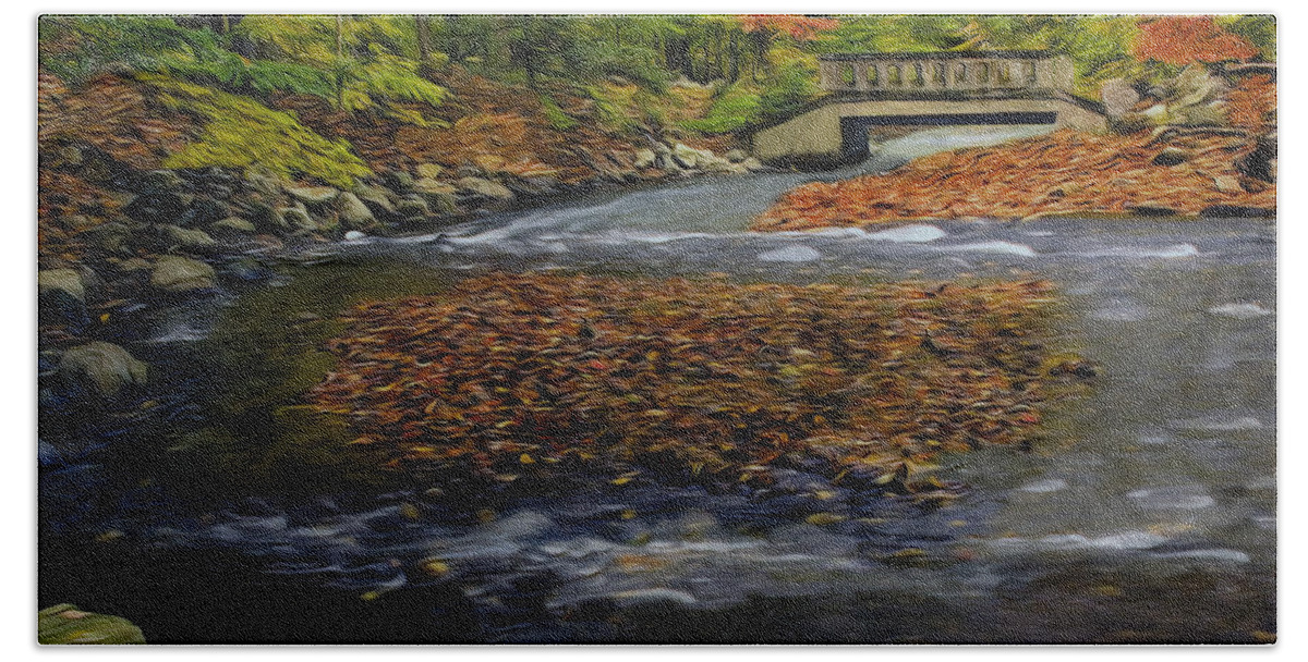 Autumn Bath Towel featuring the photograph Water Under The Bridge by Susan Candelario
