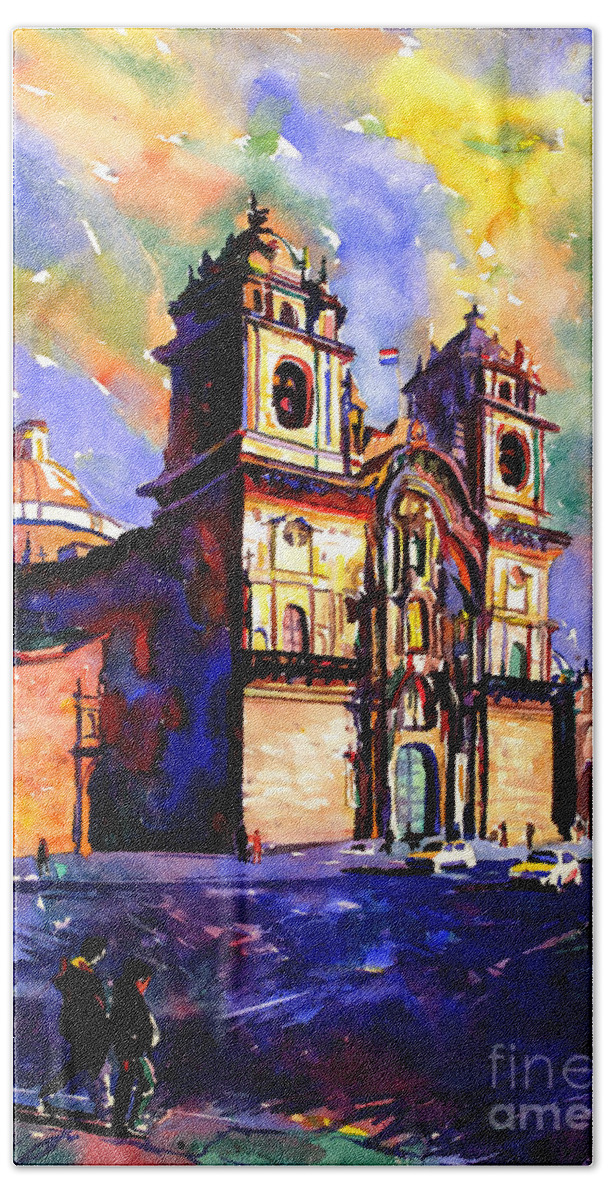  Bath Towel featuring the painting Watercolor painting of Church on the Plaza de Armas Cusco Peru by Ryan Fox