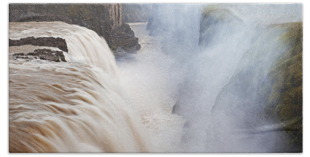 Heike Odermatt Bath Towel featuring the photograph Waterfall And Gorge Gullfoss Waterfall by Heike Odermatt