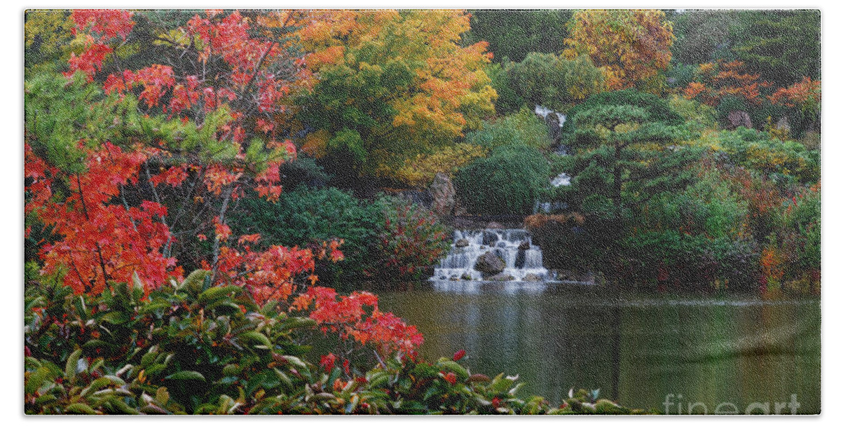 Waterfall Hand Towel featuring the photograph Waterfall at Japanese Garden by Nancy Mueller