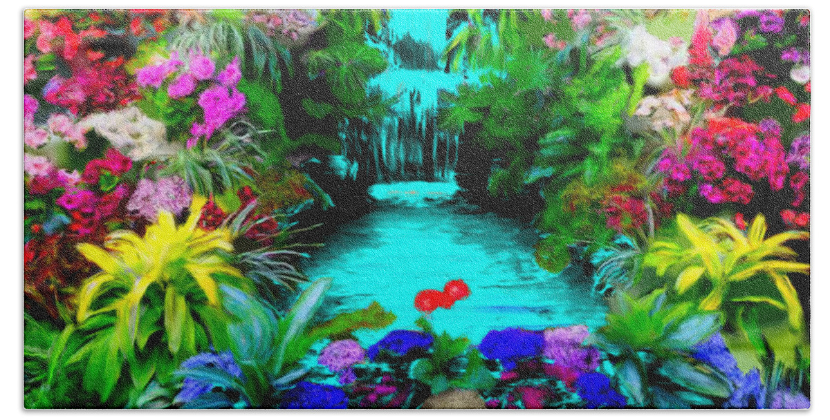Yellow Bath Towel featuring the painting Waterfall Flower Garden by Bruce Nutting