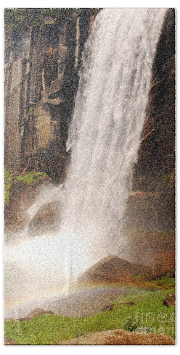 Yosemite Hand Towel featuring the photograph Waterfall Rainbow by Mary Carol Story