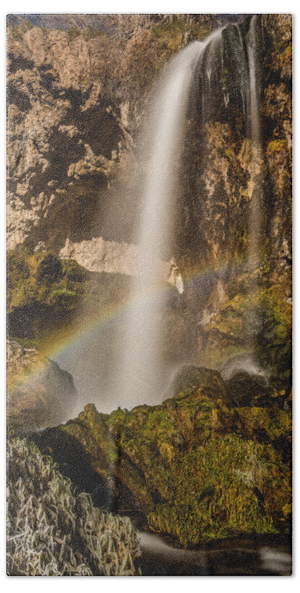 Rifle Falls State Park Bath Towel featuring the photograph Waterfalls with Rainbow by Paul Freidlund