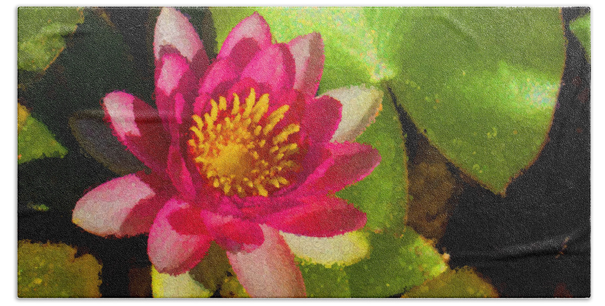 Waterlilly Hand Towel featuring the digital art Waterlily Impression in Fuchsia and Pink by Georgia Mizuleva