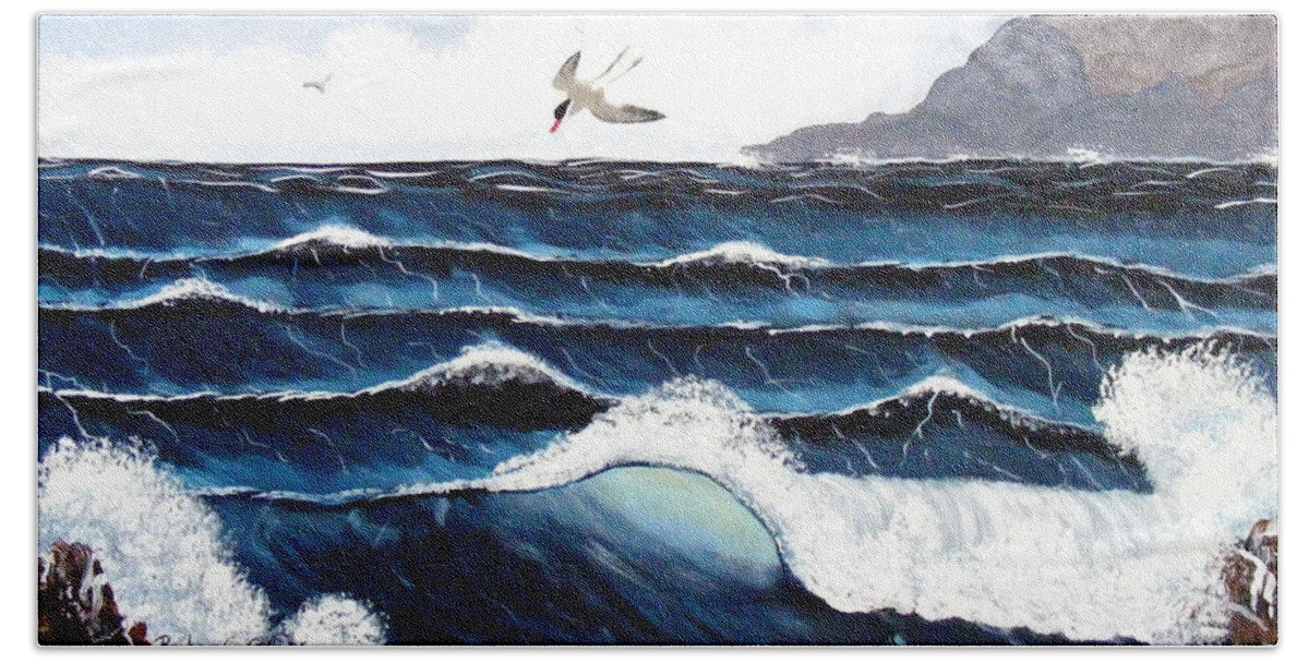 Wind Bath Towel featuring the painting Waves and Tern by Barbara A Griffin
