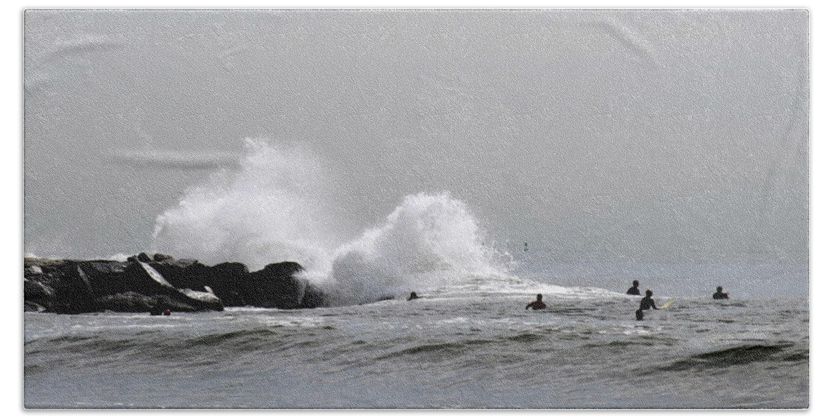 Beach Hand Towel featuring the photograph Waves Crash Against Beach 91st Jetty by Maureen E Ritter