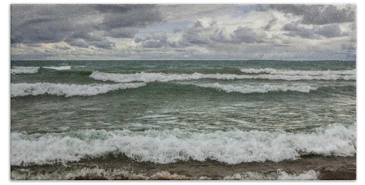 Sturgeon Bay Hand Towel featuring the photograph Waves crashing on the shore in Sturgeon Bay at Wilderness State Park by Randall Nyhof