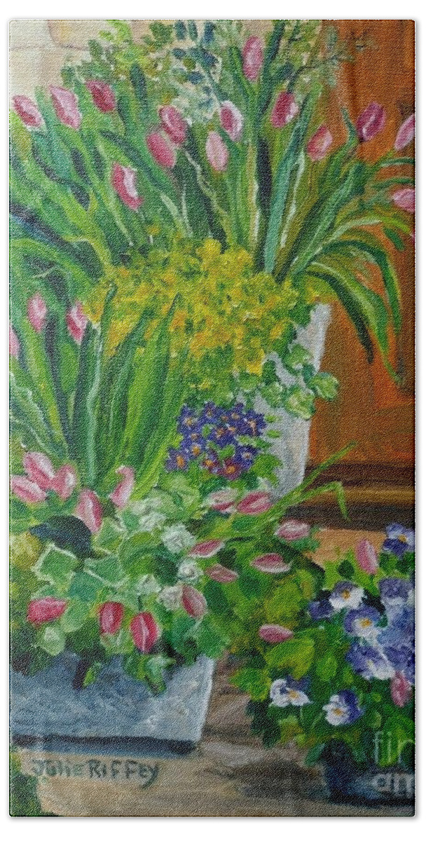Potted Plants Bath Towel featuring the painting Welcome Home by Julie Brugh Riffey