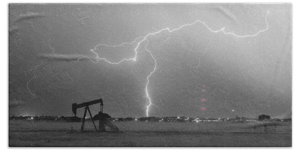 Lightning Hand Towel featuring the photograph Weld County Dacono Oil Fields Lightning Thunderstorm BWSC by James BO Insogna