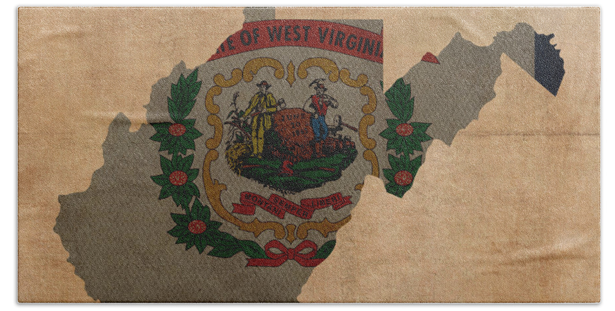 West Hand Towel featuring the mixed media West Virginia State Flag Map Outline With Founding Date On Worn Parchment Background by Design Turnpike