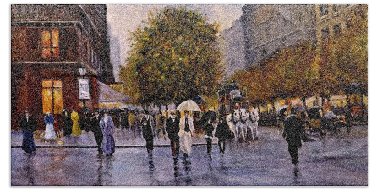 Street Scene Hand Towel featuring the painting Wet Afternoon On The Boulevard by Barry BLAKE