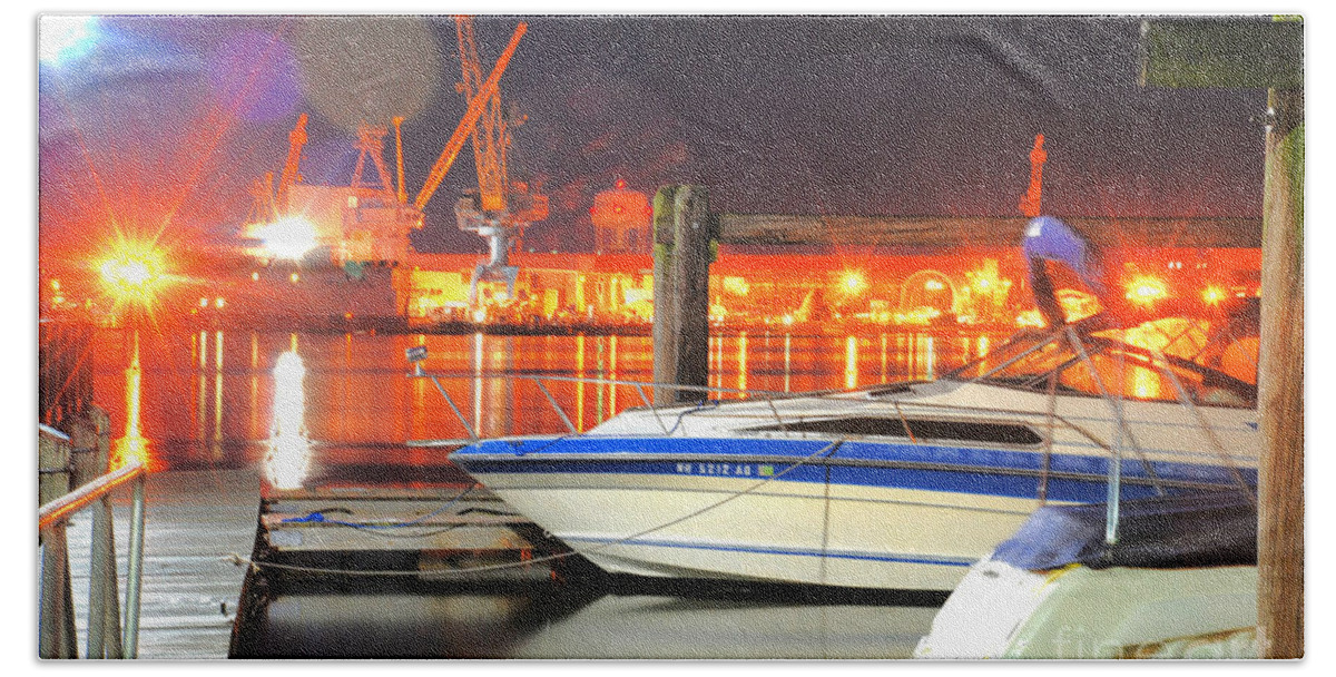 Piscataqua Navy Base Jetty Dock Moored Boats Ships Night River Hdr Portsmouth New Hampshire Bath Towel featuring the photograph What are you looking at by Richard Gibb