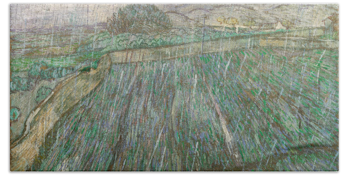 Vincent Van Gogh Bath Towel featuring the painting Wheat Field In Rain by Vincent Van Gogh