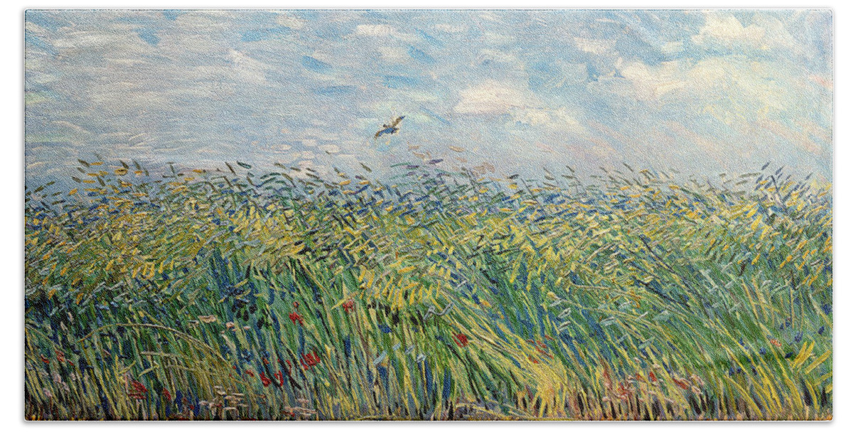 Post-impressionist Bath Towel featuring the painting Wheatfield with Lark by Vincent van Gogh