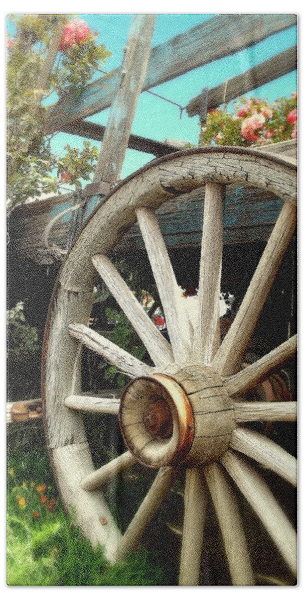 Garden Bath Towel featuring the photograph Wheels and Blooms by Glenn McCarthy Art and Photography