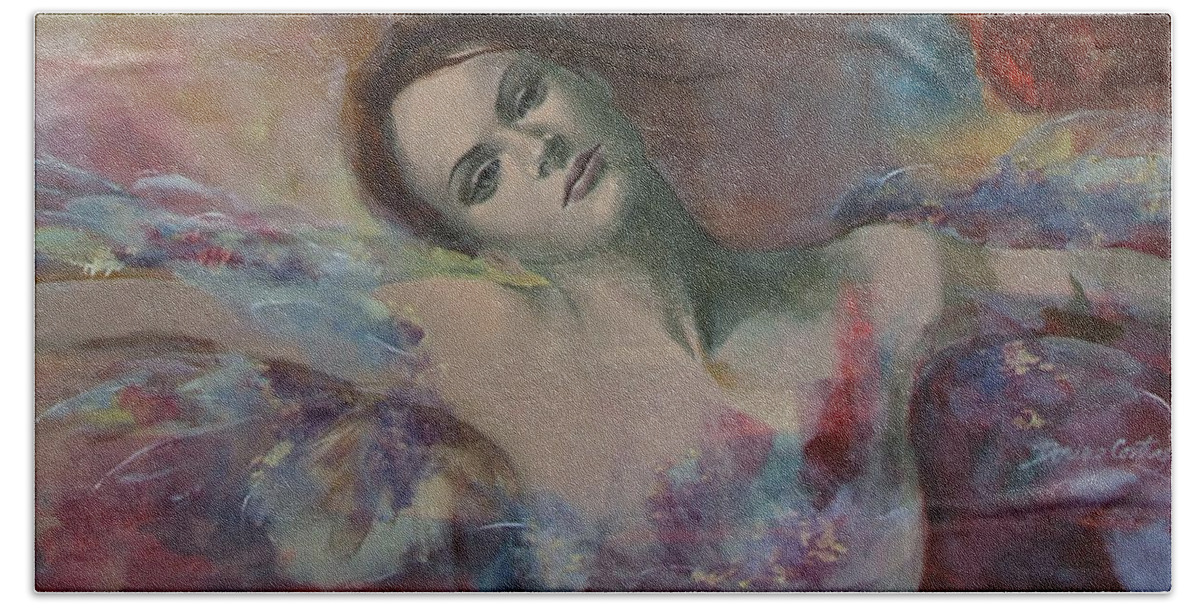Fantasy Bath Towel featuring the painting When a dream has colored wings by Dorina Costras