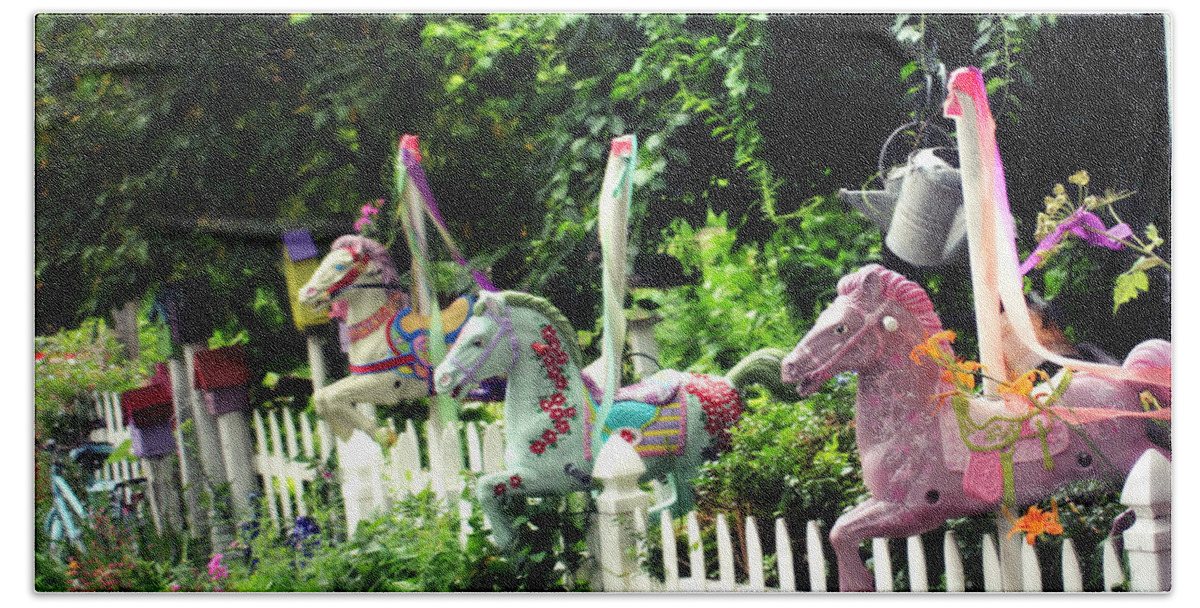 Carousel Horse Bath Towel featuring the photograph Whimsical Carousel Horse Fence by Beth Ferris Sale