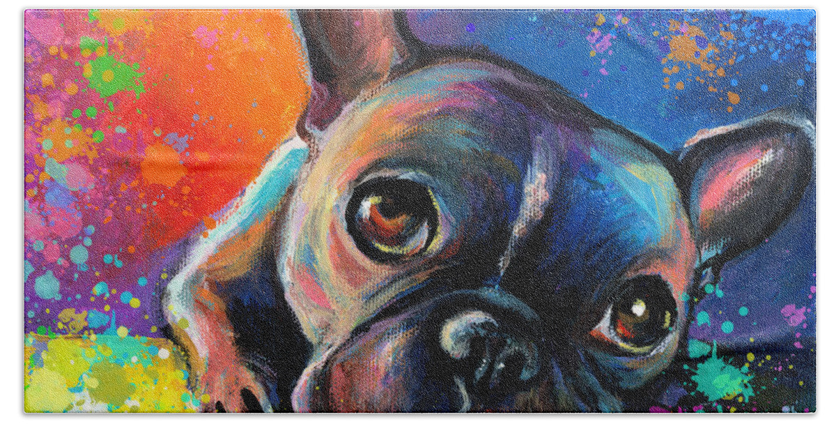 French Bulldog Prints Bath Towel featuring the painting Whimsical Colorful French Bulldog by Svetlana Novikova