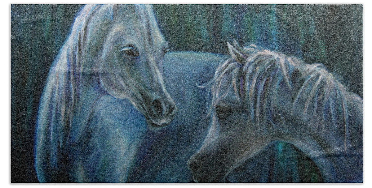 Horses Hand Towel featuring the painting Whispering... by Xueling Zou